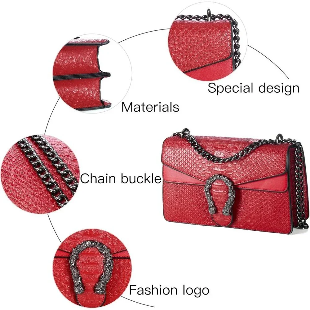 ⚡ Women's Leather Vintage Snake Print Crossbody Red Square Satchel Handbag